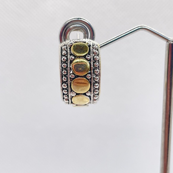 Beautiful gold and silver tone hoops. Gold circular design with one piece clasp. - Picture 3 of 12